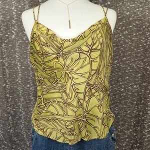 Vintage Y2K Cache Strappy Cowl Neck Green Tank Top Leaf Print Women's